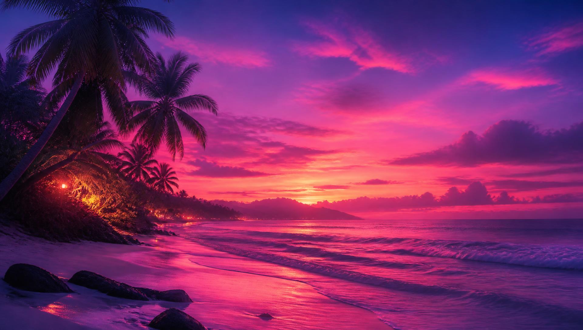 Tropical sunset backdrop of the FictionLab AI companion showcase